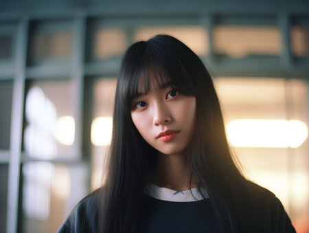 Portrait of a beautiful asian girl in black dress with shadowの素材