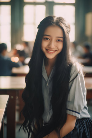 Portrait of a smiling asian woman sitting in a cafe.の素材