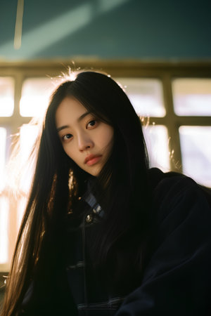Portrait of a beautiful young asian woman with long black hairの素材