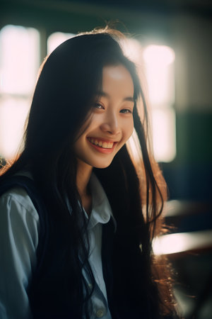Portrait of beautiful young asian woman smile and happy in cafeの素材