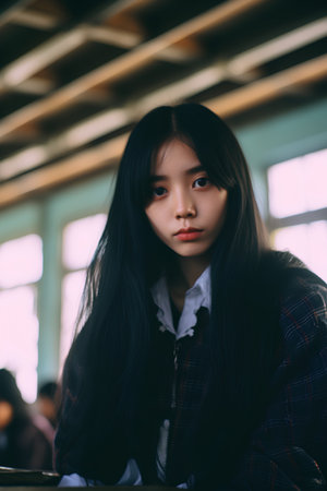 Portrait of thai adult student university uniform beautiful girl relax and smileの素材