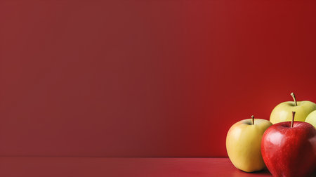 Red and yellow apples on a red background. Copy space for text.の素材