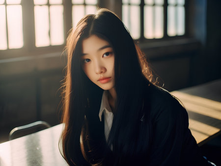 Portrait of a beautiful young asian woman in a cafe.の素材