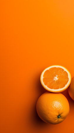 Orange fruit on orange background. Flat lay, top view, copy space.の素材