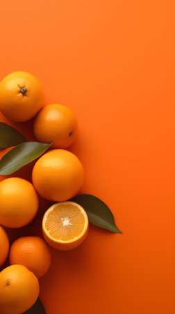 Creative layout made of fresh oranges with leaves on orange background. Flat lay, top view, copy spaceの素材