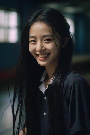 Portrait of a beautiful asian girl with long hair smiling.の素材