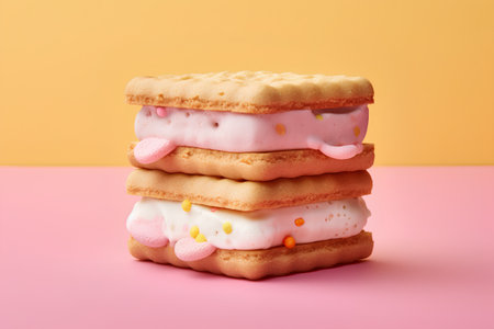 Stack of tasty cookies with cream and jelly on pink and yellow backgroundの素材