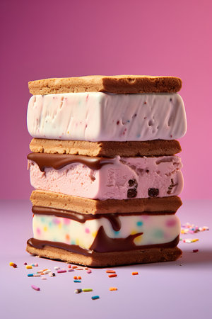A stack of delicious ice cream cakes on a pink background. 3d renderingの素材