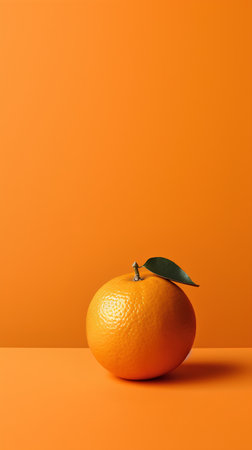 Ripe tangerine with green leaf on orange background. Minimal concept.の素材