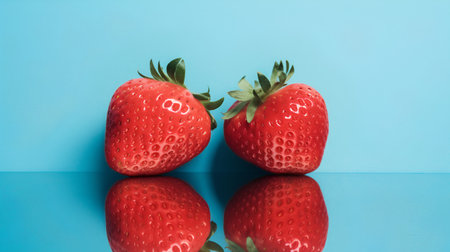 Strawberries on blue background with reflection. Minimal concept.の素材