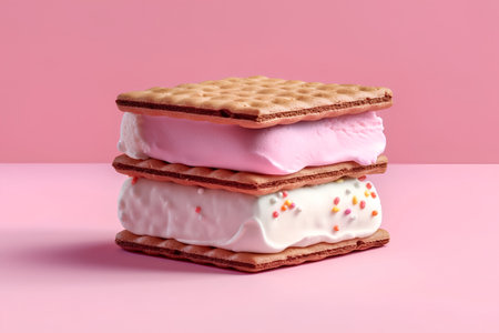 Stack of tasty wafers with pink and white cream on pink backgroundの素材