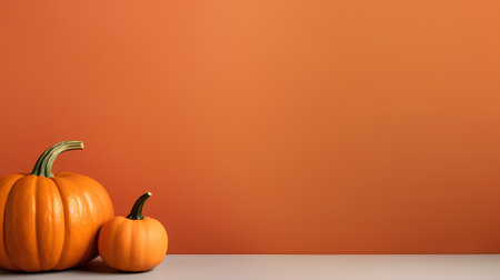 Two orange pumpkins on white table and orange wall background with copy spaceの素材