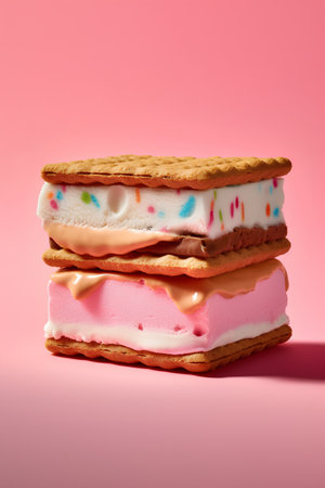Pile of colorful ice cream cookies on pink background, square formatの素材