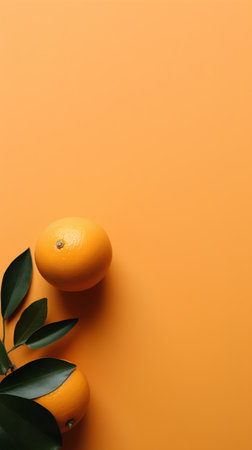 Creative layout made of fresh oranges and green leaves on orange background. Flat lay, top view, copy spaceの素材