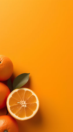 Fresh oranges with leaves on orange background. Top view with copy spaceの素材