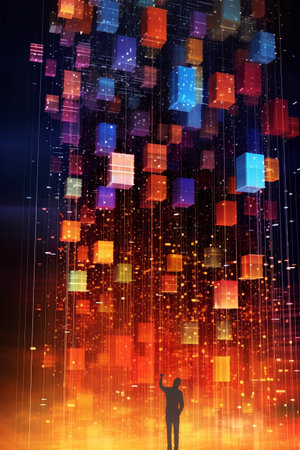 Back view of businessman standing with back and looking at abstract glowing squaresの素材