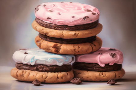 Stack of delicious donuts on a light background. Toned.の素材