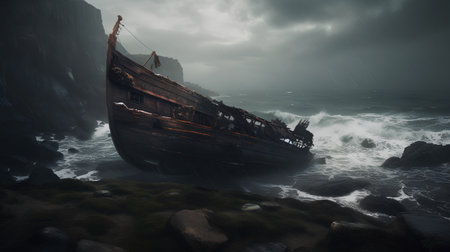 Pirate ship in stormy sea. 3d render illustration.の素材