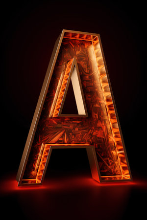 letter A in fire, 3d render, red neon letteringの素材