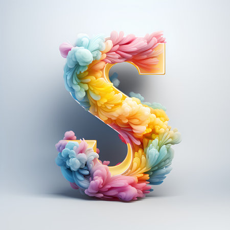 3D font letter S uppercase. 3D render font with abstract colorful liquid texture isolated on grey background.の素材