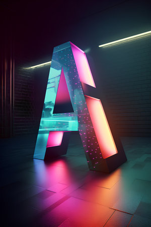 Futuristic neon letter A in futuristic interior. 3D renderingの素材