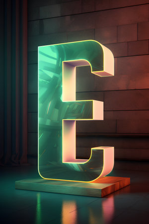 3d render of neon glowing letter E on brick wall background.の素材