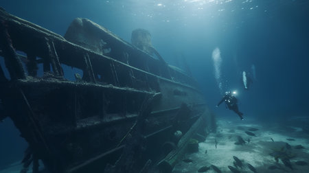 Scuba diver exploring the wreck of an old ship in the Red Seaの素材