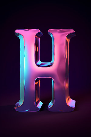 Glossy holographic letter H uppercase isolated on black background. 3D rendered font.の素材