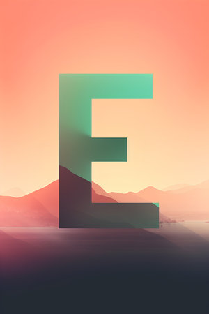 Alphabet letter E with mountains landscape background. 3D rendering.の素材