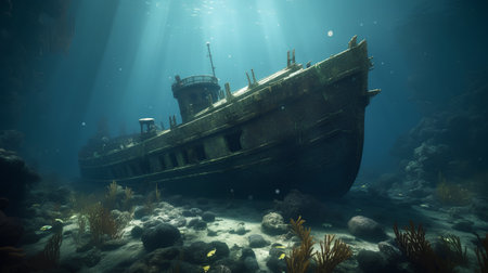 Underwater view of the sunken ship in the sea. 3d renderの素材
