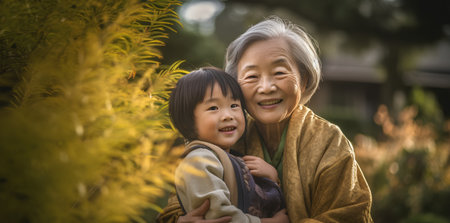 Grandmother and granddaughter in the park, asian family lifestyle concept.の素材