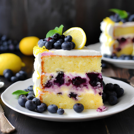 Lemon cake with blueberries and lemon on a wooden background.の素材