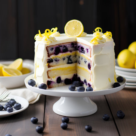 Lemon cake with blueberries and lemon slices on a wooden backgroundの素材