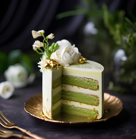 Piece of green tea cake with white flowers on a dark backgroundの素材