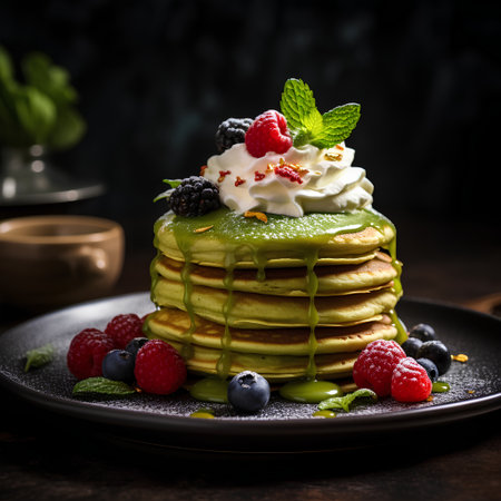 Pancakes with fresh berries and whipped cream on a dark backgroundの素材