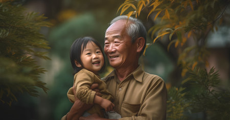 Happy asian grandfather and his grandchild in the park. Grandfather and grandchild playing together.の素材