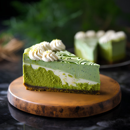 Green tea cheesecake with whipped cream on dark background, selective focus.の素材