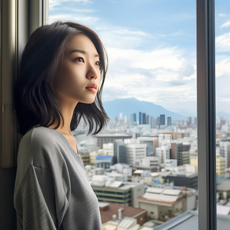 Beautiful asian woman looking out the window with cityscape backgroundの素材