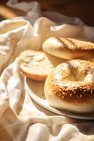 Bagels with sesame seeds on a plate, close upの素材