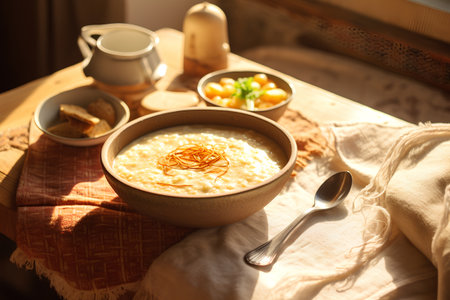 Oatmeal porridge with butter, raisins and herbs in a ceramic bowl on a wooden table in sunlightの素材