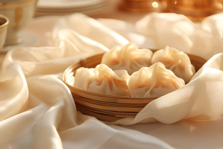 Bowl with steamed dumplings on white silk background.の素材