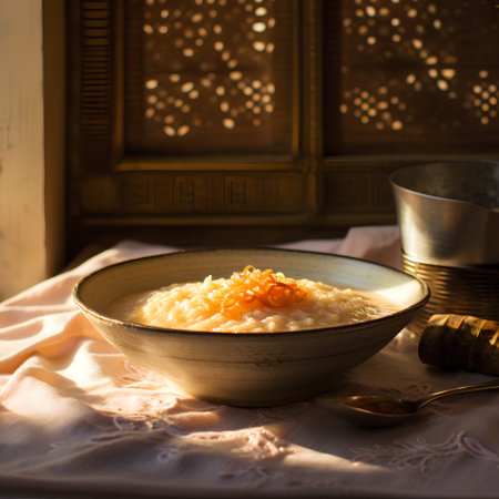 Rice porridge in a bowl on the table. Selective focus.の素材