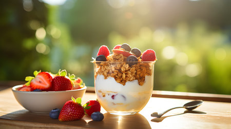 Yogurt with granola and fresh berries in glass on wooden tableの素材