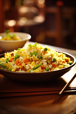 Fried rice with green peas, carrot and onion in a bowlの素材