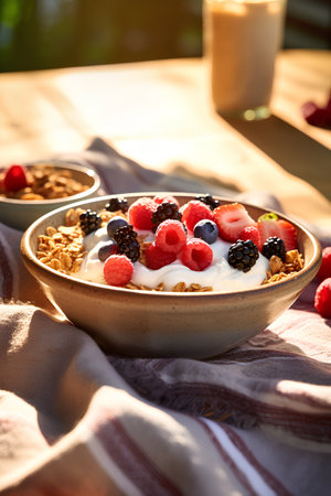 Healthy breakfast with muesli, yogurt and fresh berries on wooden tableの素材