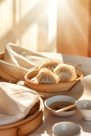 Chinese steamed dumplings in bamboo basket on table in sunlightの素材