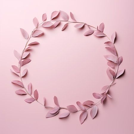 Round frame made of pink leaves on a pink background. Flat lay, top view.の素材