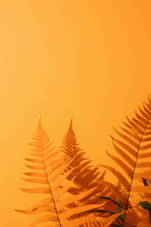 Fern leaves on orange background with copy space. Minimal summer concept.の素材