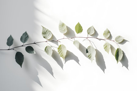 Eucalyptus branch with leaves on white background. Flat lay, top view