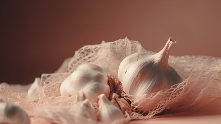 Garlic in a mesh bag on a pink background. Toned.の素材